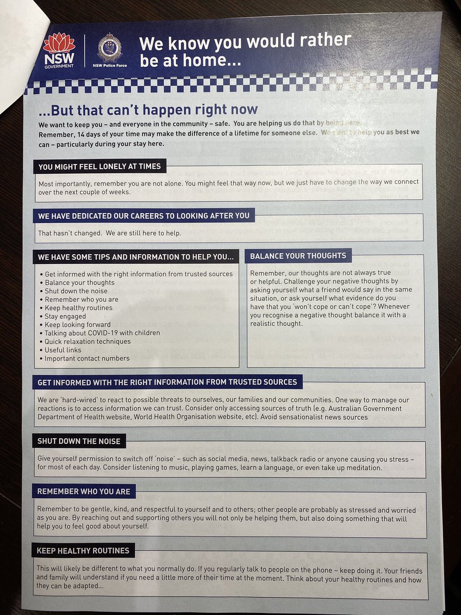 Third, govt here takes duty-of-care seriously. Our 14 day quarantine is strict, but wrapped w/layers of services. Take a look at this, from our hotel welcome pack (yes, there’s a welcome pack of information): (5/8)