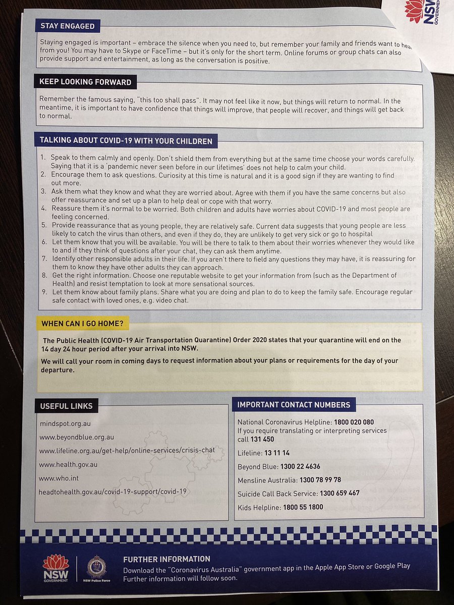 Third, govt here takes duty-of-care seriously. Our 14 day quarantine is strict, but wrapped w/layers of services. Take a look at this, from our hotel welcome pack (yes, there’s a welcome pack of information): (5/8)