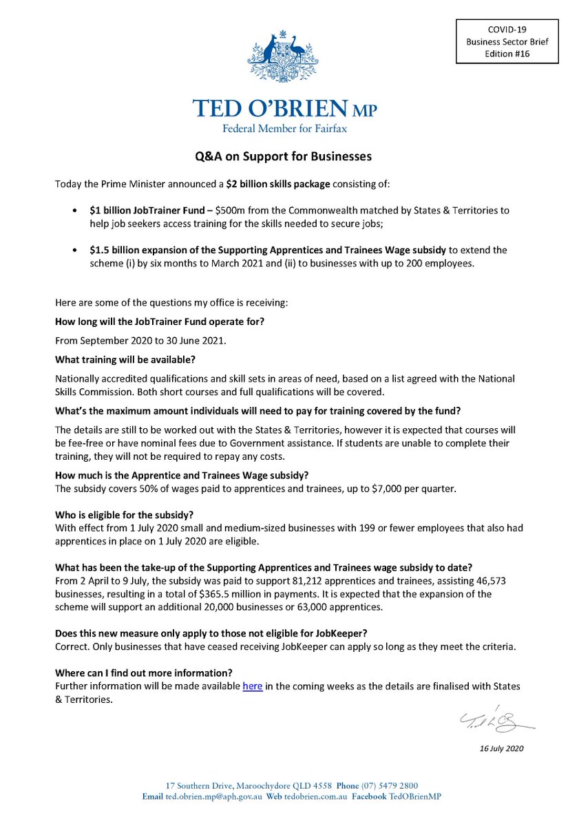 Latest Q&amp;A on Support for Businesses from Ted O'Brien MP - Federal Member for Fairfax. To read the full update please visit ow.ly/pBoO50ADO4I