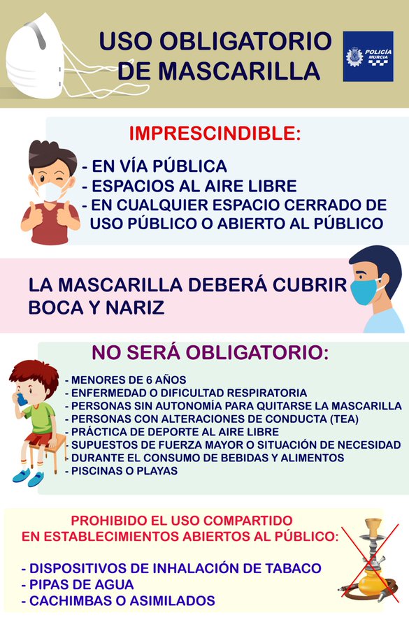 MurciaPolicia's tweet photo. La mascarilla 😷 es de uso OBLIGATORIO en la #RegiondeMurcia  aunque se mantenga la distancia de seguridad .
Su uso es fundamental para evitar rebrotes #COVID19 .
Seremos estrictos en su cumplimiento. 
Ayer se impusieron 72 denuncias por no llevar 😷 https://t.co/pp37pXQx4Z