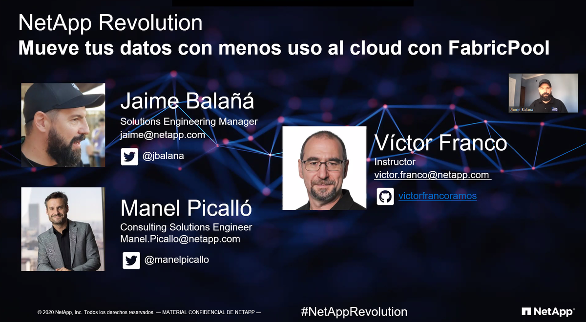 NetApp_es's tweet photo. ¡En directo en nuestro último #NetAppRevolution hablando sobre mover los datos con menos uso al cloud con FabricPool! Con @jbalana, @ManelPicallo y Víctor Franco 👏 https://t.co/P7AFIcJhg7