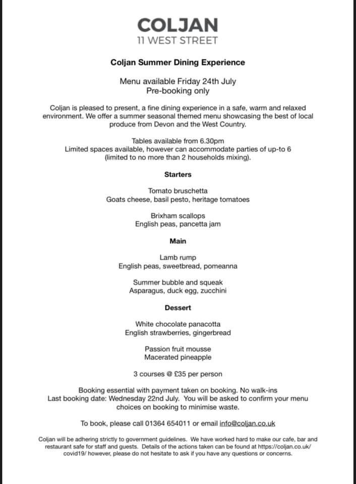 AshburtonColjan's tweet photo. Our first dinner menu has been realsead. This Friday 24th. Booking essential. #ashburton #coljan #dartmoor #dining @AroundAshburton #local https://t.co/yGKv2n9yrV