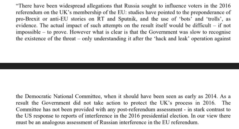 Report says Cameron government was  slow to recognise the potential threat of Russian interference in the EU referendum. Says subsequent governments haven’t really looked into what impact it might have had (or if they have haven’t shared results with the committee).