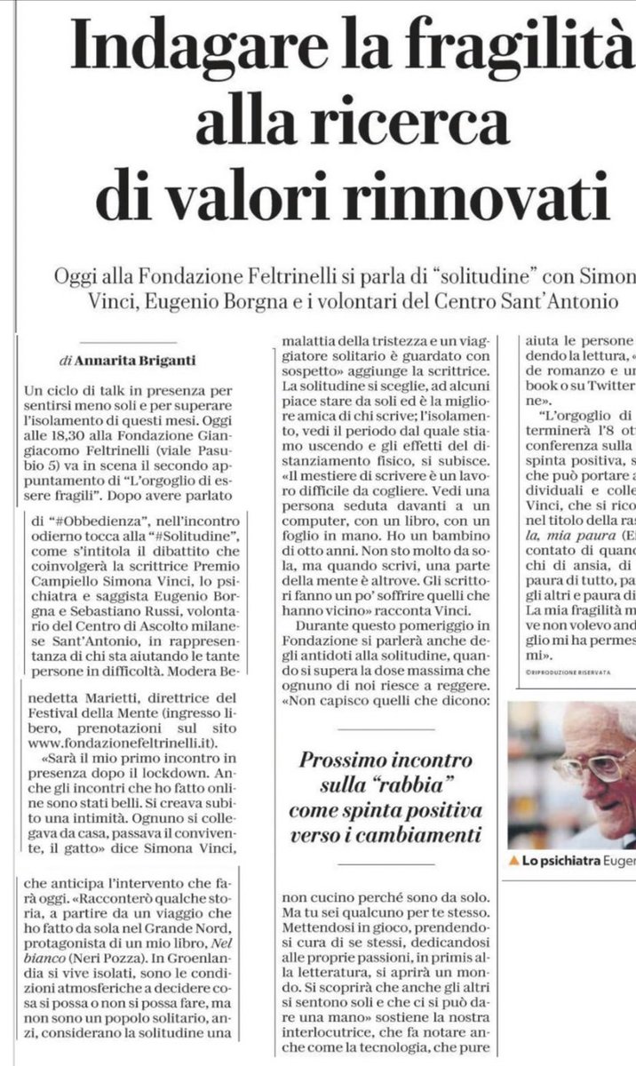 FondFeltrinelli's tweet photo. Questa sera #21luglio alle 18.30 #Solitudine, nuovo appuntamento de L’orgoglio di essere fragili con #simonavinci, #eugenioborgna, Sebastiano Russi. @feltrinellied via @rep_milano https://t.co/J68bRnyLmz