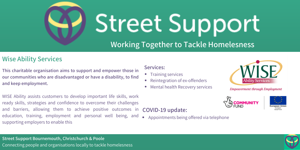 SSupportBCP's tweet photo. Our Charity of the Week is: Wise Ability Services Dorset

WISE Ability Limited has a proud history of supporting those in our communities who are disadvantaged or have a disability, to find and keep employment.

Find out more about the organisation here: https://t.co/AZc7yeh2z2 https://t.co/yv3fFb4l7X