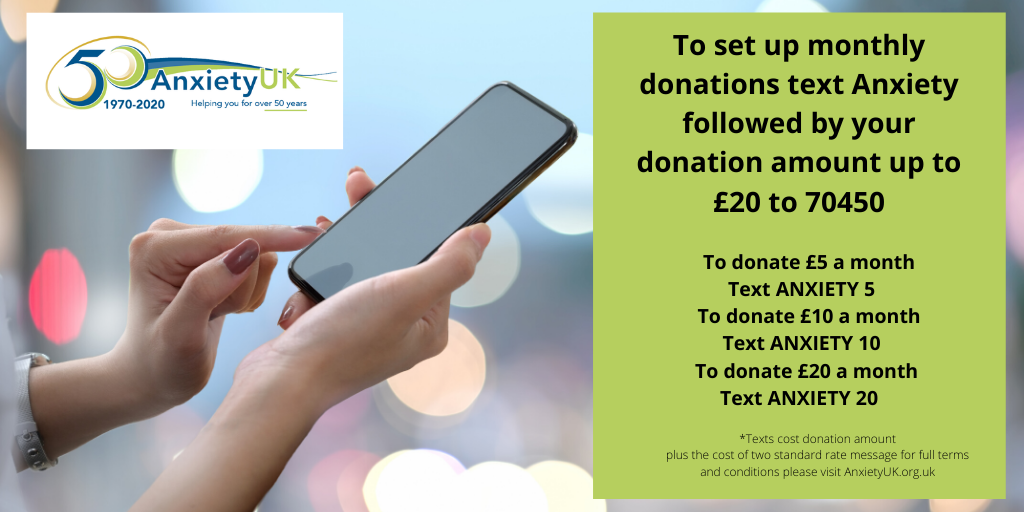 Can you help?

During these difficult times we need your support more than ever. To make a regular monthly donation by text send ANXIETY followed by your donation amount up to £20 to 70450. For more details visit anxietyuk.org.uk/get-involved/f…

#Thanks #Anxiety #Fundraise