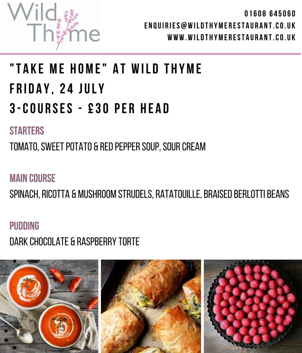 wtrestaurant's tweet photo. #vegetarian week @wtrestaurant "Take me Home" menu this #Friday - to book email enquiries@wildthymerestaurant.co.uk #takeaway #fridaynight #nocooking #nowashing up #weekendvibes #weekendliving https://t.co/JRvfqFVJMr