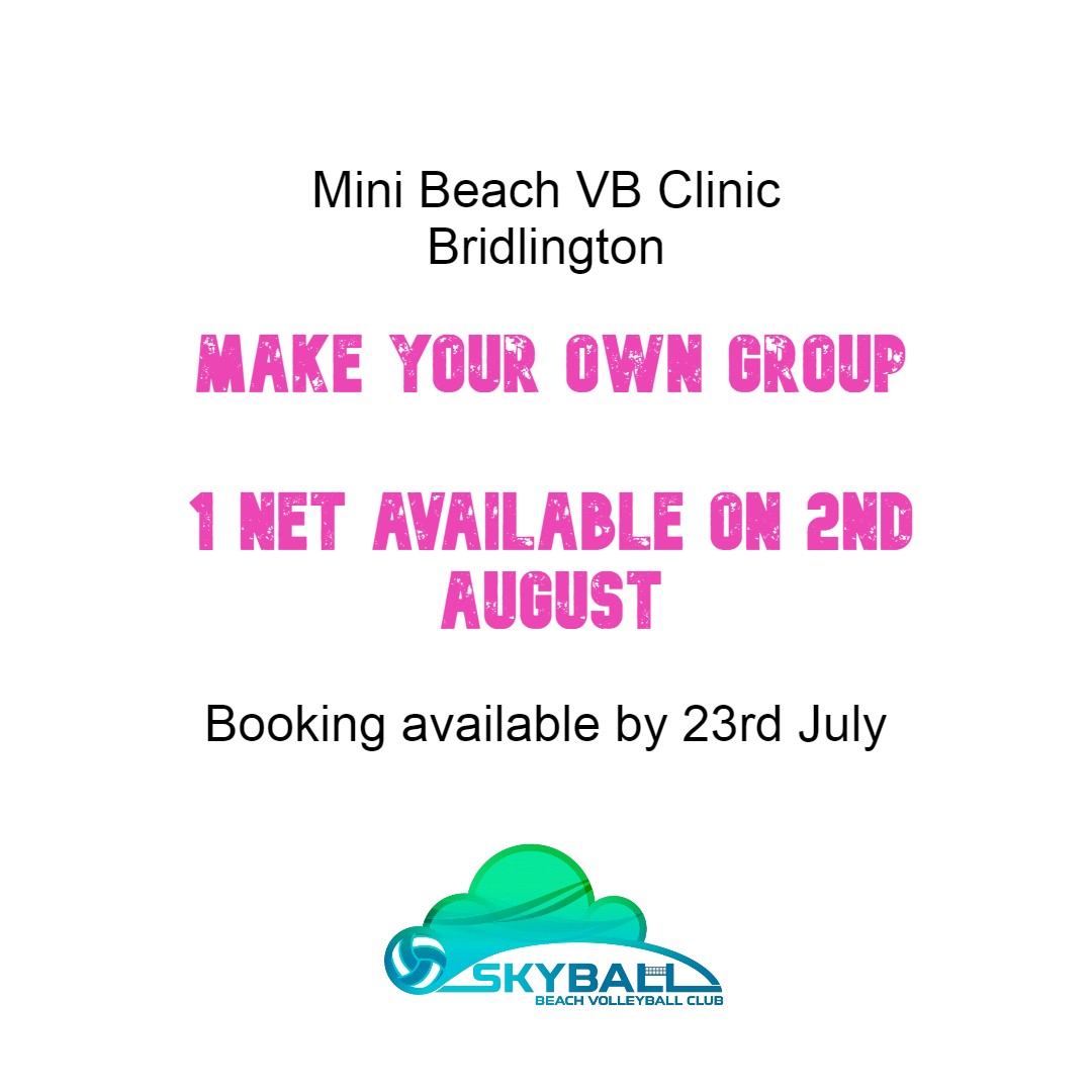 Skyball Beach Volleyball Club (@skyballbvc) on Twitter photo Update: We have still 1 net available for a group booking for 2nd August. If it is not taken by Thursday 23rd July 12:00, we will offer individual registrations.
Email jitka@skyballclub.co.uk for more info / registration. Update: We have still 1 net available for a group booking for 2nd August. If it is not taken by Thursday 23rd July 12:00, we will offer individual registrations.
Email jitka@skyballclub.co.uk for more info / registration.