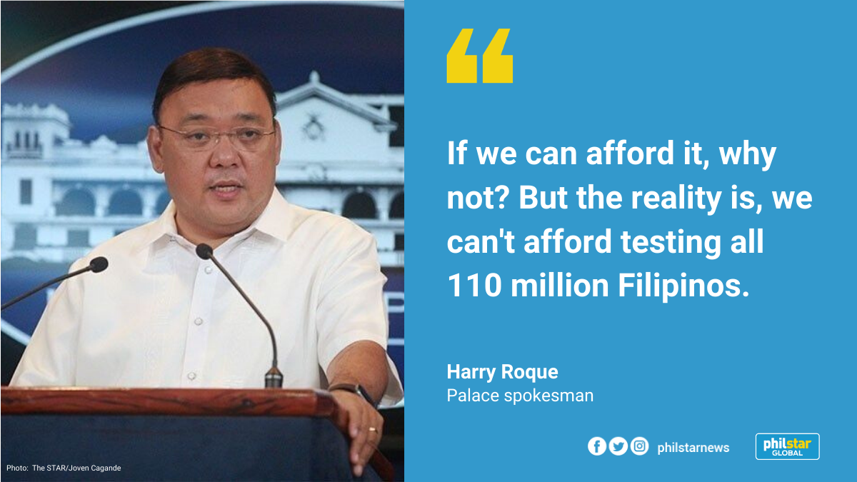 PhilstarNews's tweet photo. Palace spokesman Harry Roque on Tuesday again said that the government is not capable of testing everyone for COVID-19, something that nobody expects it to do, since 'mass testing' never meant testing all 110 million Filipinos in the country.

READ: https://t.co/2dwQELkZuz https://t.co/0D8YsJA1zK