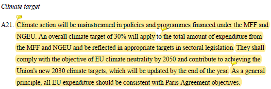 Good n°4: big promise to ensure that 30% of all that money (i.e. 550Bn€ of the overall 1.826 Bn€) will be invested in  #climate. With the development of a sound methodology to analyse what is & isn't ‘climate spending’ (spoiler: discerning this is harder than you may think)