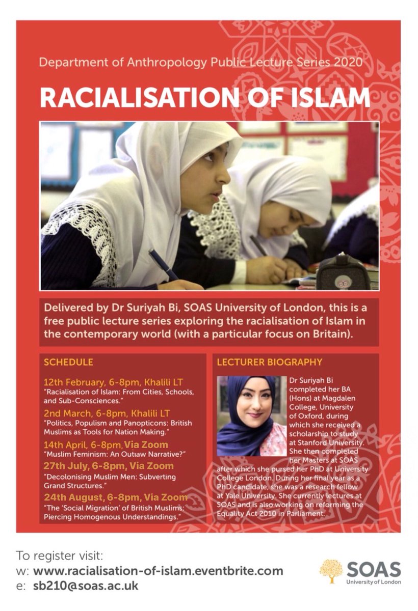 The final two lectures in my Racialisation of Islam public lecture series <a href="/SOAS/">SOAS University of London</a> <a href="/SOASanthro/">SOAS Department Of Anthropology</a> take place on: 
🗓 27 July, 6-8pm 
🗓 24 August, 6-8pm
✅Register for *free* via eventbrite: eventbrite.co.uk/e/racialisatio…
💻 Via zoom 
#AcademicTwitter #AcademicChatter #publiclectures