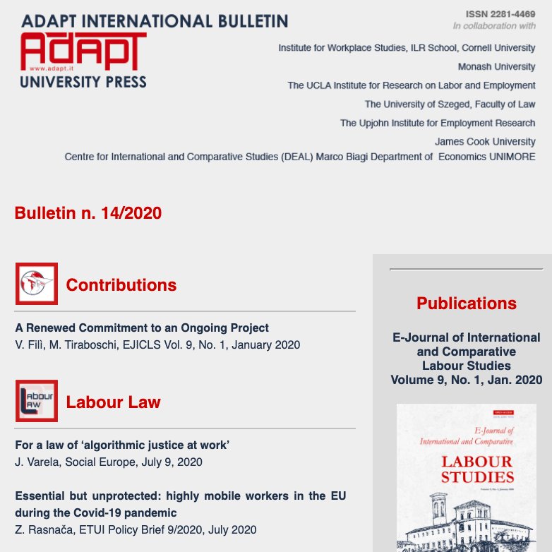 📢#JustPublished the latest #openaccess #ADAPTInternational newsletter before the summer break. In this content-rich issue: the new volume of the #EJICLS journal, #mobileworkers, #industrialrelations #workingconditions #employmentoutlook, #reskilling ...

mailchi.mp/adaptinternati…