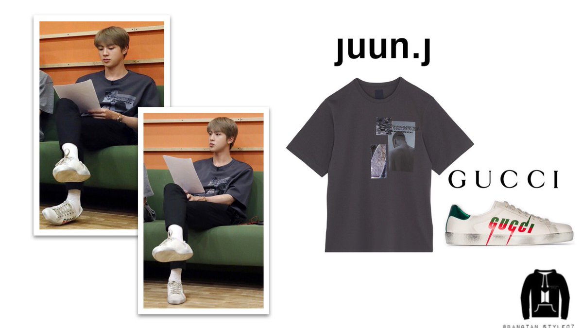 RUN BTS Episode 109Seokjin was wearing JUUN.J Synthetic Graphic T-Shirt in 4 Ash ($290) & GUCCI Ace White Blade Sneakers ($982).(cr.  @513131tj ) #MTVHottest BTS  @BTS_twt