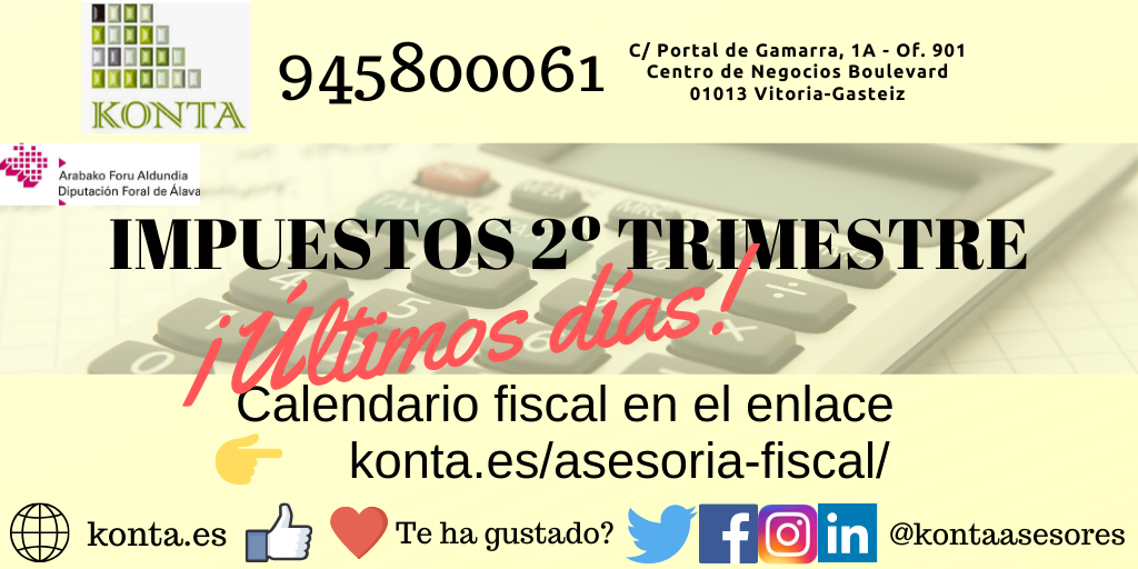 IMPUESTOS!!! ¿Sabes que día acaban?
Ver calendario FISCAL ALAVA
👉 konta.es/asesoria-fisca…

No te pases de fecha, revisa las fechas claves de impuestos de Hacienda de Álava