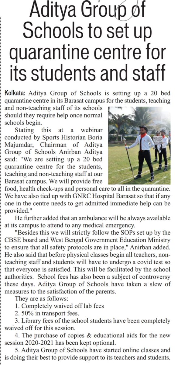 group_aditya's tweet photo. 📌In the Newsroom📌
Aditya Academy Group of Schools to set up a quarantine centre for its students and staff.
Courtesy: #NortheastColor #DainikJugasankha
#mediaspotlight #newsroom #schoolnews #quarantinecentre #AAGOS https://t.co/DtOFW0X0Iq