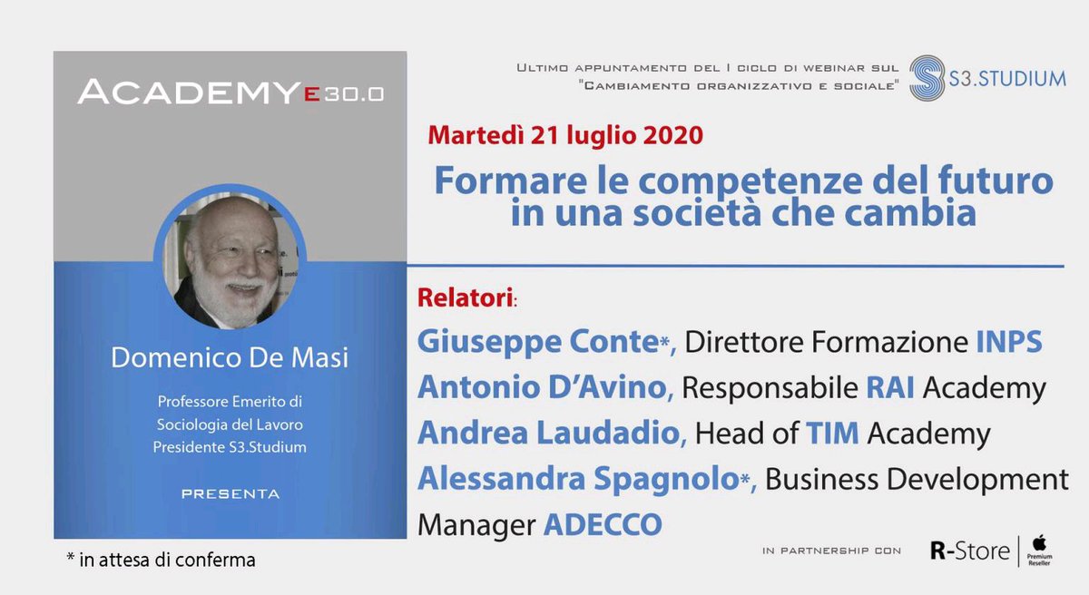 LuisB's tweet image. #Webinar martedì 21 luglio al 16.30 - Cambiamento, #Smart_Working e #Innovazione - #S3Studium

Relatori
- Giuseppe Conte, #INPS
- Antonio D’Avino, #RAI Academy
- Andrea Laudadio, #TIM Academy
- Alessandra Spagnolo, #ADECCO
Per partecipare invia una mail a staff@s3studium.com