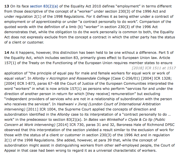 15/ Moving on next to Pimlico Plumbers v Smith,  @DinahRoseQC notes that that case concentrates on the 2nd and 3rd elements of limb (b) and not the first. Notes again the Supreme Court repeated that the ERA s.230(3)(b) & EqA s.80(2) apply the same test.