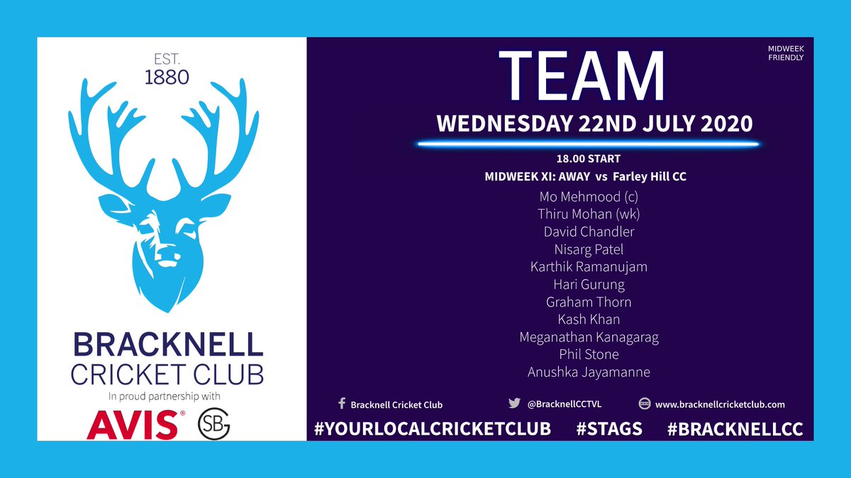 BracknellCCTVL's tweet photo. Our Midweek XI to travel to @FarleyHillCC tomorrow evening. Good luck guys π€π½π¦
#Yourlocalcricketclub #Stags #BracknellCC https://t.co/66Ya2UTBQa