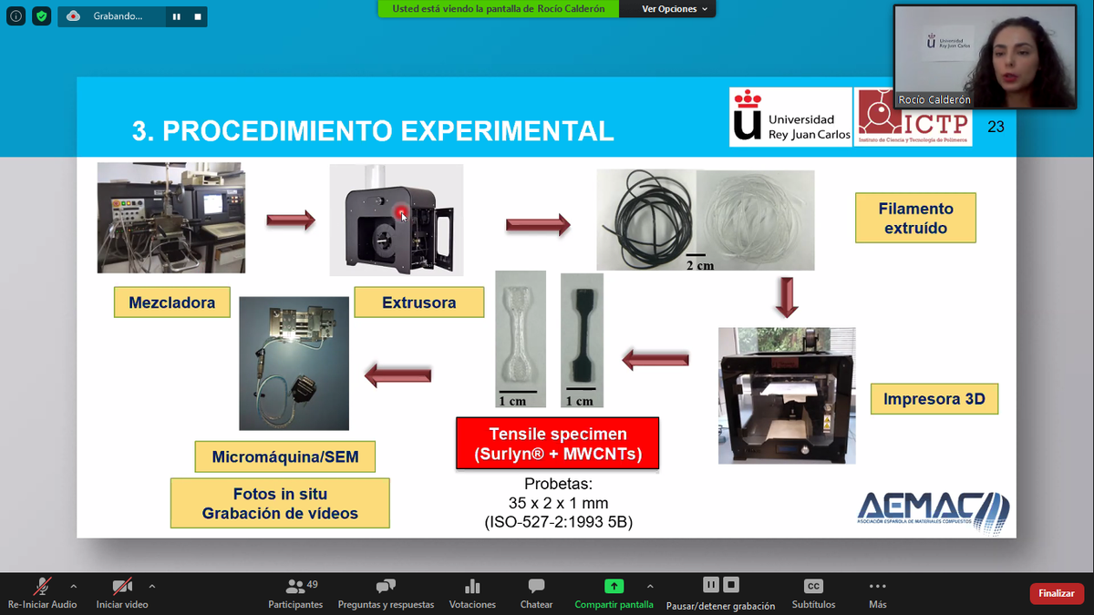 AEMAC_'s tweet photo. Estamos en el #WebinarsAEMAC de Julio, con Rocío Calderón de @urjc viendo como han llevado a cabo el proceso #experimental, de #impresión3D de #SURLYN de @DuPont_News con MWCNT'S y sus #propiedades de #autoreparación. https://t.co/SQW5fvCwfQ