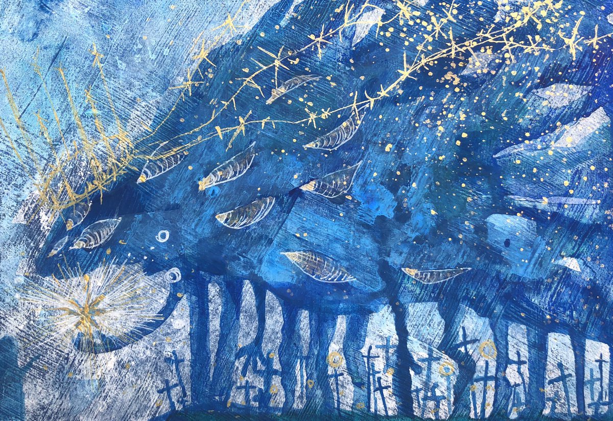 traditional media blue theme no humans scenery tree sky painting (medium)  illustration images