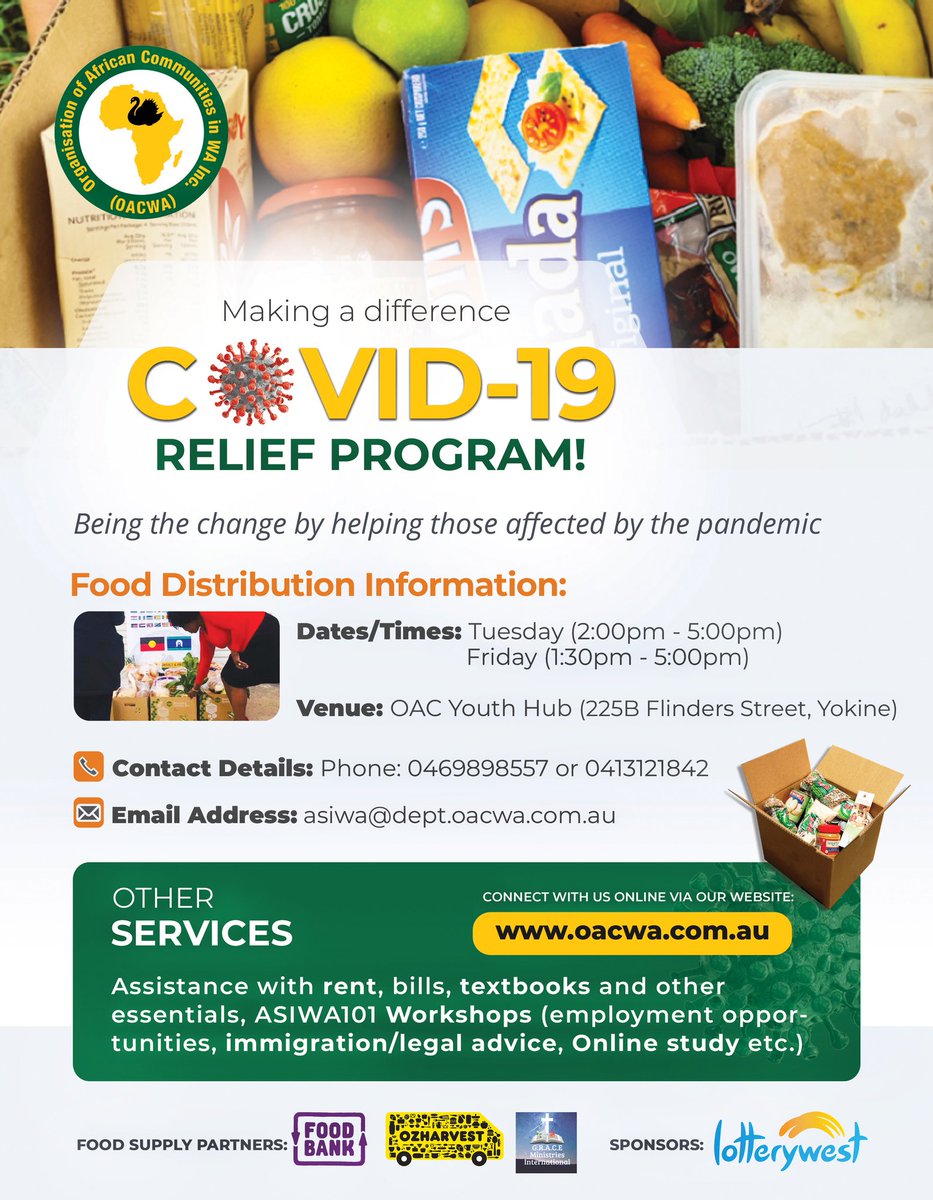 oac_wa's tweet photo. @oac_wa has been working around the clock to make sure vulnerable members of the African community get the most out of our #COVID19 Relief Program! ๐๐
๐Contact us for more information!
#perth #Australia #community #COVID19Aus #tuesdayvibes #oacwa #COVID #westernaustralia https://t.co/I4sGEiHkv2
