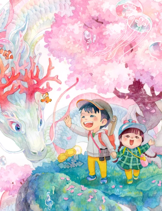 【お仕事紹介】 ご自宅に飾られる絵のご依頼です。 なかよしご兄妹を描かせて頂きました。 思い出の桜と、大好きな龍も一緒に、幻想的で華やかな雰囲気の一枚です。 #うちのこイラスト