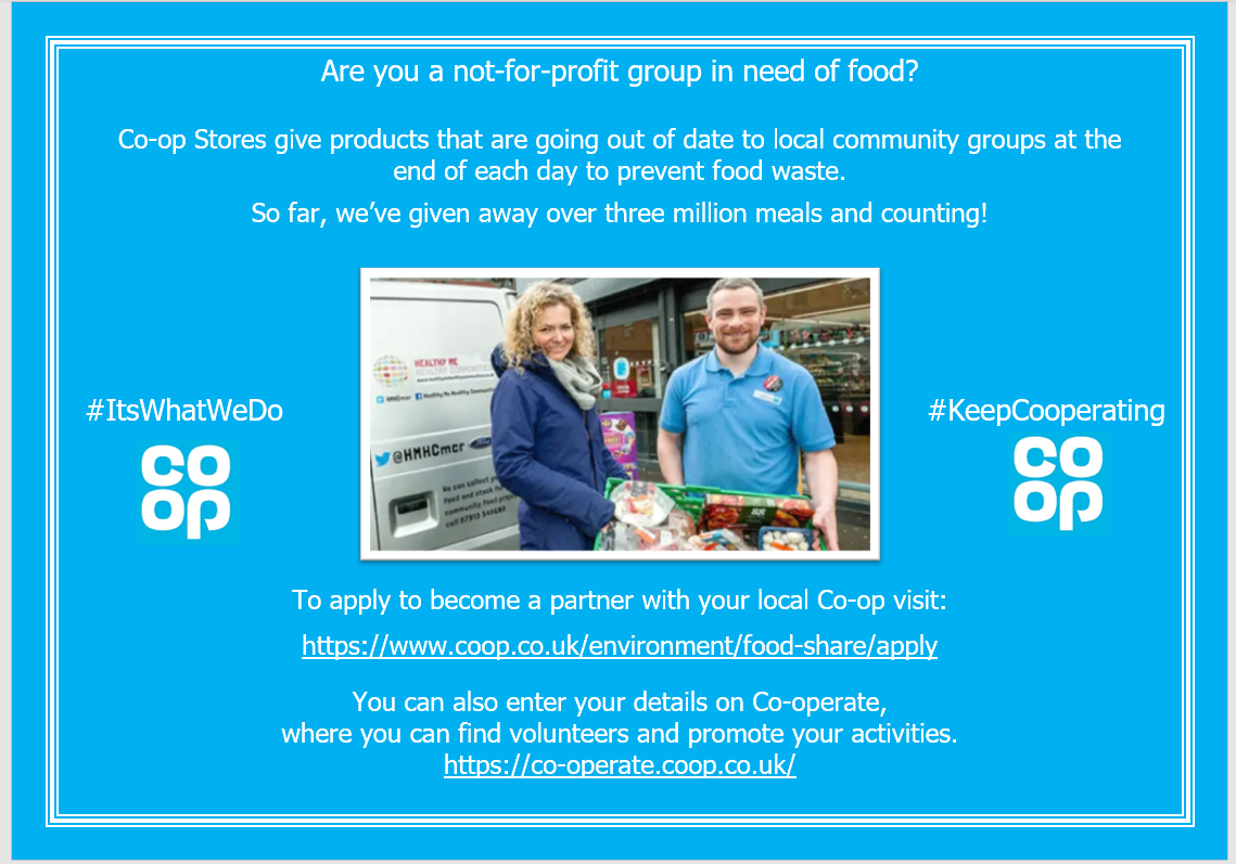See the poster below for details on how to become a Foodshare partner with <a href="/coopuk/">Co-op</a> and to add your details on Co-operate 
#KeepCooperating #ItsWhatWeDo #memberpioneer #foodshare #cooperate <a href="/MorayFoodPlus/">Moray Food Plus</a> #local #community #coop <a href="/FareShareUK/">FareShare</a>
