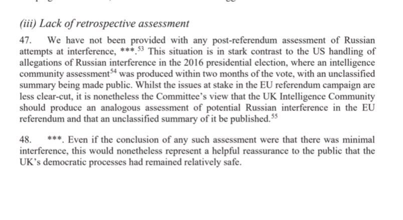 Again, the theme of indifference comes up. Committee questions why we haven’t had a proper “retrospective” into potential Russian interference in the 2016 referendum, in contrast to US govt, which has looked into question of interference in 2016 election extensively.