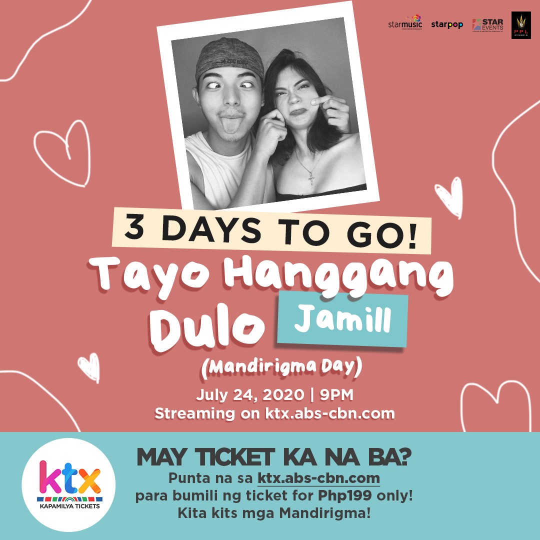 TATLONG ARAW NALANG at makakasama niyo na ang @ilovejamilll sa isang napakasayang online event! Live na live yan sa website ng KTX! BILI NA NG TICKET para sa Tayo Hanggang Dulo, JaMill (Mandirigma Day) sa: ktx.abs-cbn.com/events/25641/t…