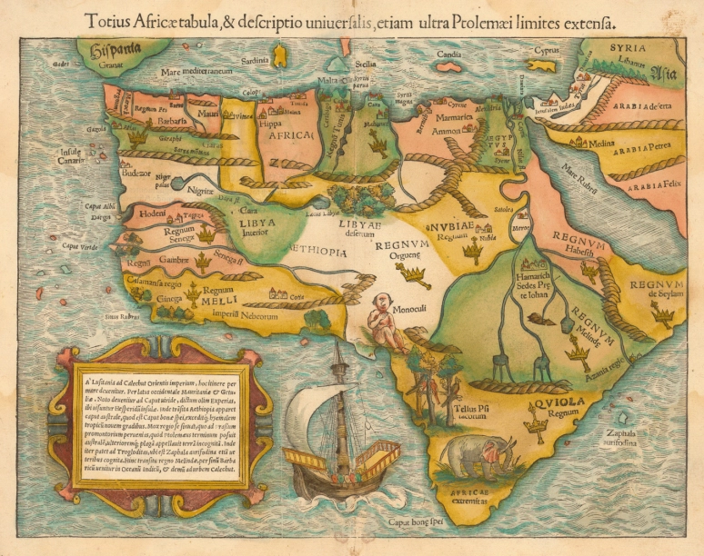 𝗧𝗛𝗥𝗘𝗔𝗗 of Africa maps and its evolution through history.1. The earliest obtainable map of the whole continent of Africa: Sebastian Münster's Cosmographia (1545)