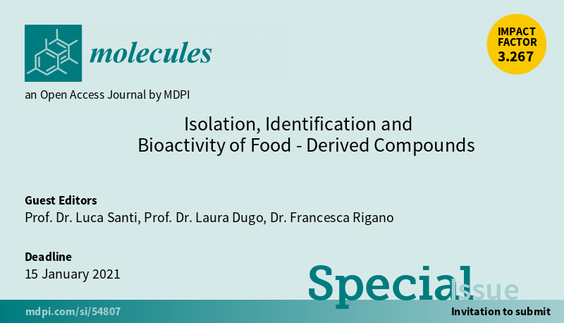 Molecules_MDPI's tweet photo. 📢 New Special Issue Open for Submissions: #Isolation, Identification and Bioactivity of Food-Derived Compounds
✏️ Guest edited by Prof. Dr. Luca Santi, Prof. Dr. Laura Dugo and Dr. Francesca Rigano
🔗https://t.co/ucF5l7OBY3
📌 #BioactiveMolecules #AnalyticalMethods #FoodAnalyses https://t.co/tG7Xu4vXb7