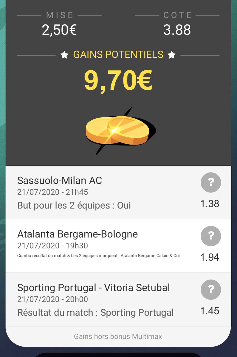 montantebet's tweet photo. Le special BTTS⚽️+ TENDANCE📊@GoStat_FR
📊 Cote : 3.88
🧾 Le bet :
Sassuolo - Milan : LDEM
Atalanta - Bologne : Atalanta + LDEM
SCP - Vitoria : Sporting Portugal
Bonne chance à tous, toutes les stars peuvent retrouvées sur @GoStat_FR.
#teamparieurs #teamgostat #gostat https://t.co/9x54T6tyrf