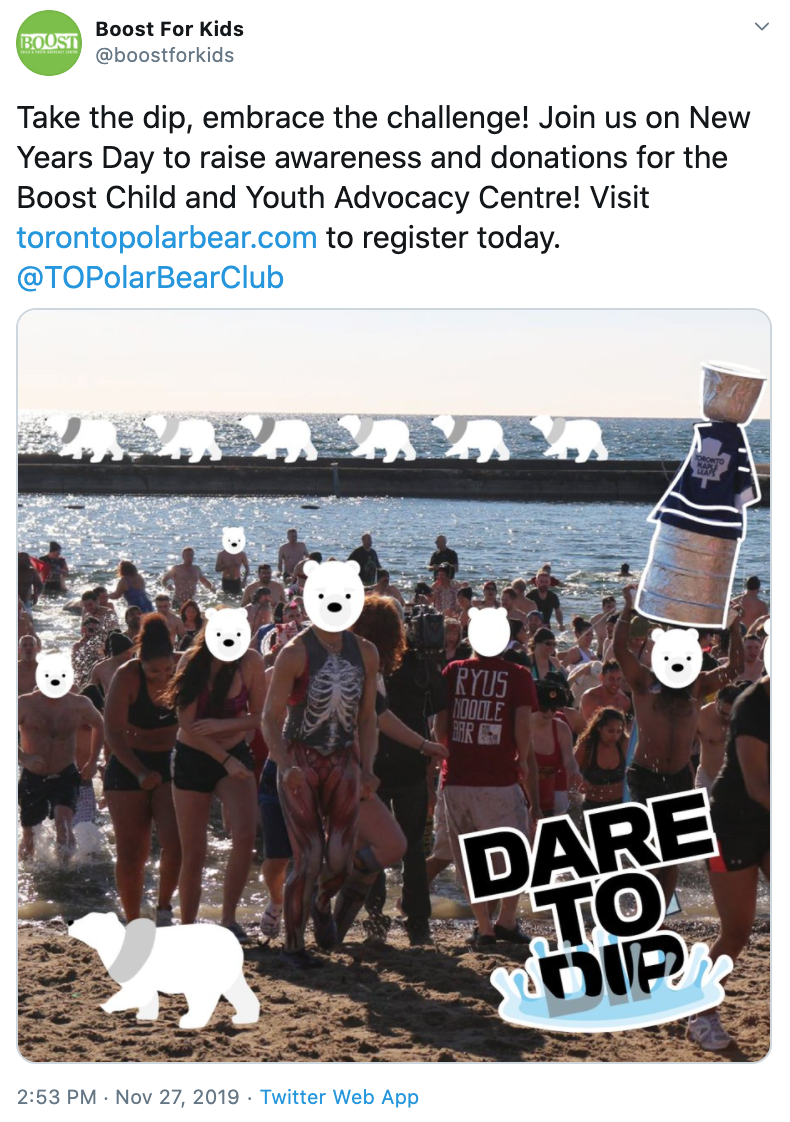 CreativeDayfor1's tweet photo. When @boostforkids partnered with the Toronto Polar Bear Club, they came with a very specific request: to find the bravest people and entice them to take a dip in frigid Lake Ontario. The results of the Dare to Dip campaign led to 50 teams, 295 dippers, and $60,000 raised! https://t.co/0gxYkhqv6r