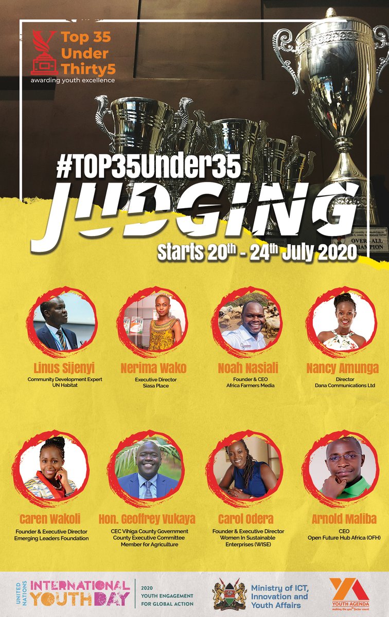 Top35Under35's tweet photo. Top35Under35 awards has judges from different fields and the judging process is underway. We look forward to the International Youth Day where we'll get to know the eventual winners.
#Top35Under35 
#InvolveYouthKE
#MakingTheYouthFactorCount https://t.co/rIgBnRPIrF