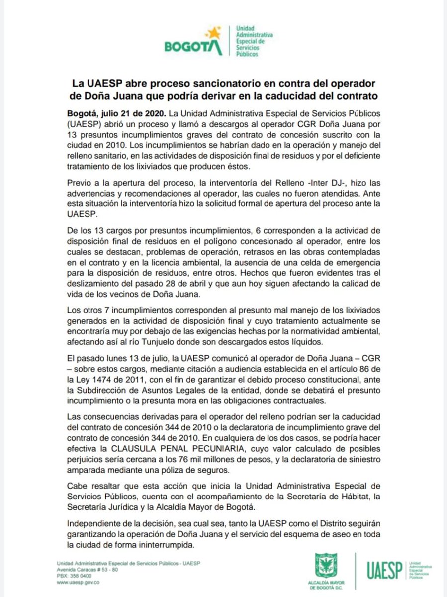 Uaesp's tweet photo. #Comunicado I La @UAESP abre proceso sancionatorio en contra del operador de Doña Juana, por presuntos incumplimientos que podría derivar en la caducidad del contrato. https://t.co/1wp9v95icG