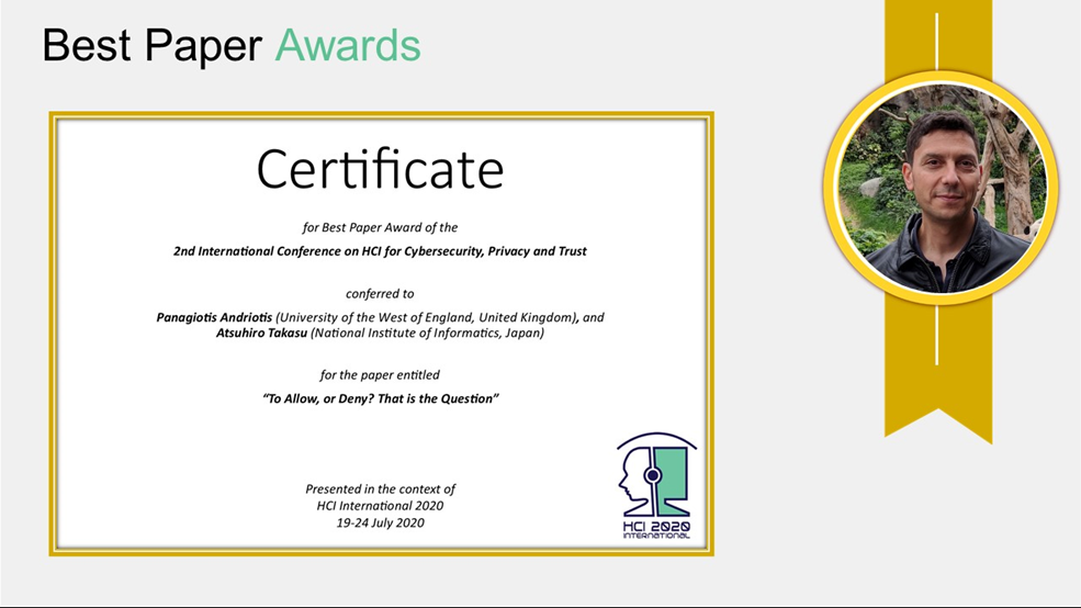 PanosAndriotis's tweet image. Our paper &quot;To Allow, or Deny? That is the Question&quot; just got the Best Paper Award at this year&apos;s HCI-CPT: International Conference on HCI for Cybersecurity, Privacy and Trust, at HCI International 2020 #hcii2020
andrio.eu/papers/aord.pdf