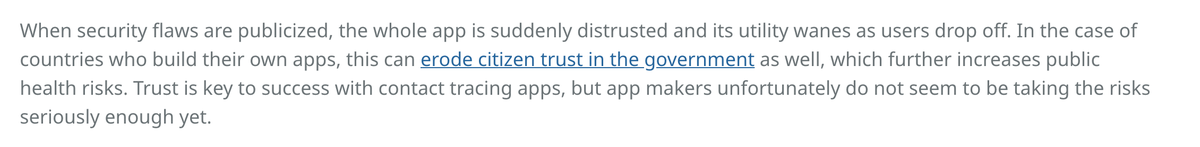 The major security lapses with South Korea's quarantine app come after  @botherder  @amnesty found serious problems with Qatar's virus surveillance app and an analysis of 17 gov't-sponsored virus-tracing apps by  @Guardsquare found that the majority could be easily hacked: