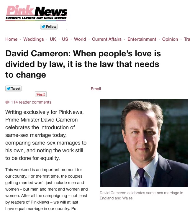 When same-sex marriage eventually happened, the only words from  @David_Cameron to mark the occasion were in his article for  @PinkNews.  @DrAnthonyJames & I spent the day with  @lfeatherstone going to two of the first weddings. She'd later be the witness at our own marriage (15/22)