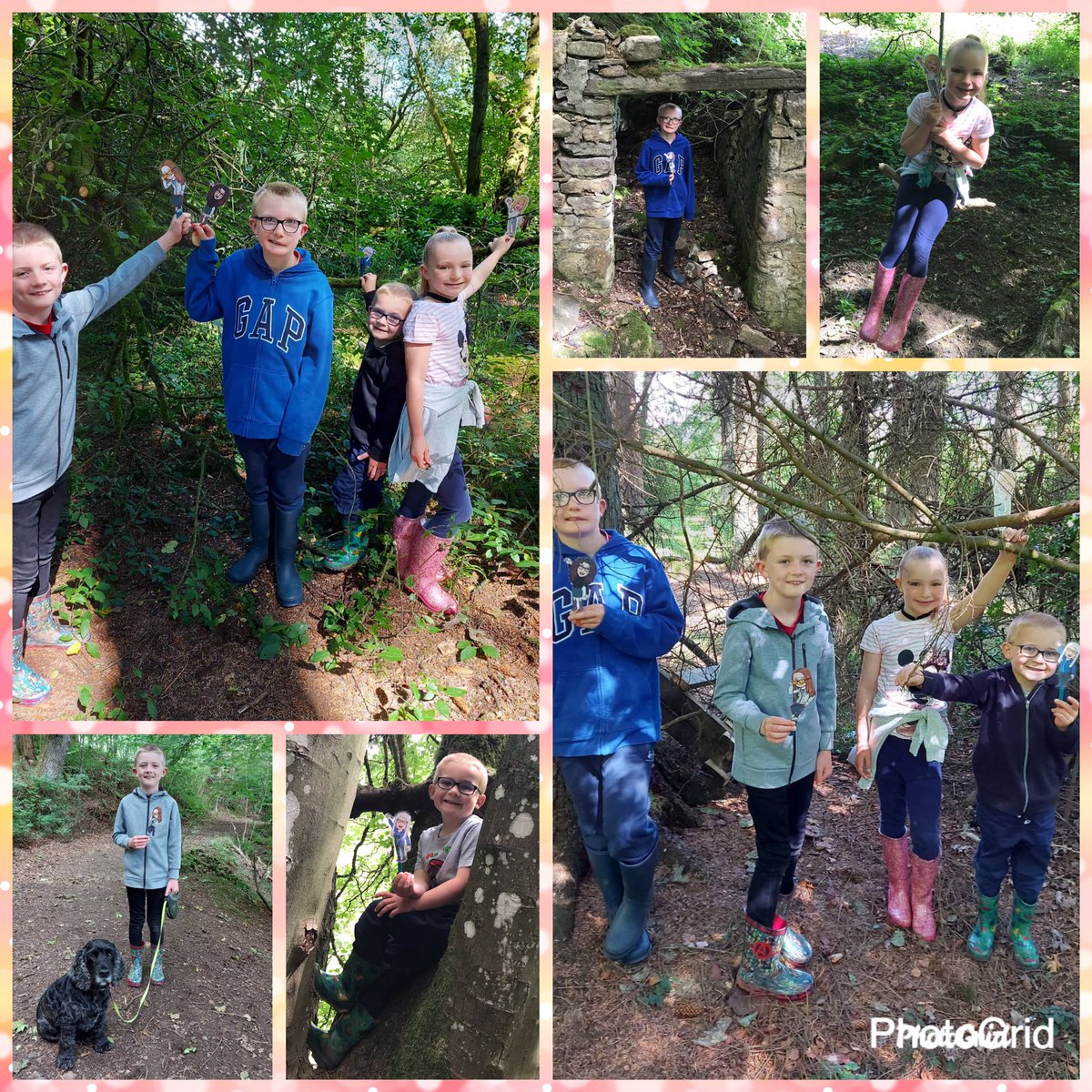 CBroon84's tweet photo. The cousins have been out exploring the woods around their Auntie and Uncle’s house again today. Mrs Flannigan went on a rope swing, Mrs Kirk climbed a tree, Mrs Brown explored a ruin and Miss Dawson walked Cooper. It was lots of fun! @dennyprimsch https://t.co/iLh1jfWT7L