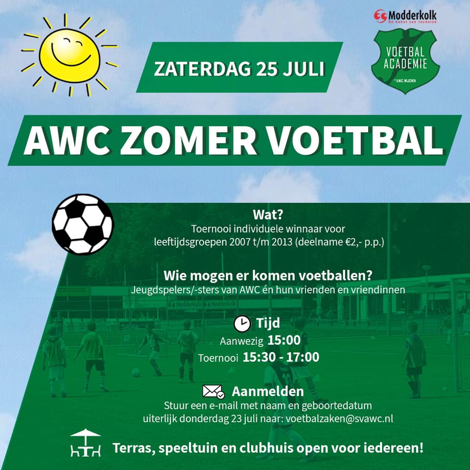 Aanstaande zaterdag vindt er weer een AWC Zomer Voetbal activiteit plaats! Het toernooi met individuele winnar is van 15:30 tot 17:00. Inschrijven kan t/m aanstaande donderdag 23 juli!