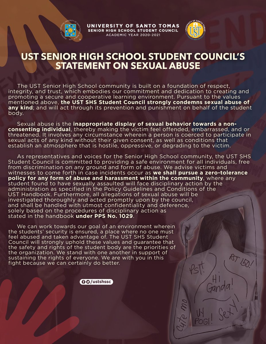 ustshssc's tweet photo. In the past few weeks, we have witnessed a growing number of voices speaking up about their stories.

We, the UST SHS Student Council, condemn all form of sexual harassment and stand in solidarity with the victims of it.

#HandsOffOurStudents
#OneSHS https://t.co/GI8FHGwcfJ