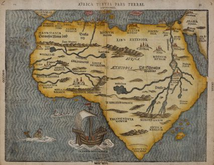 3. "Africa Tertia Pars Terrae" by Heinrich Bunting (1597)The Nile finds its source in the mountains of the moon. Large sailing ship and sea creatures embellish the map.