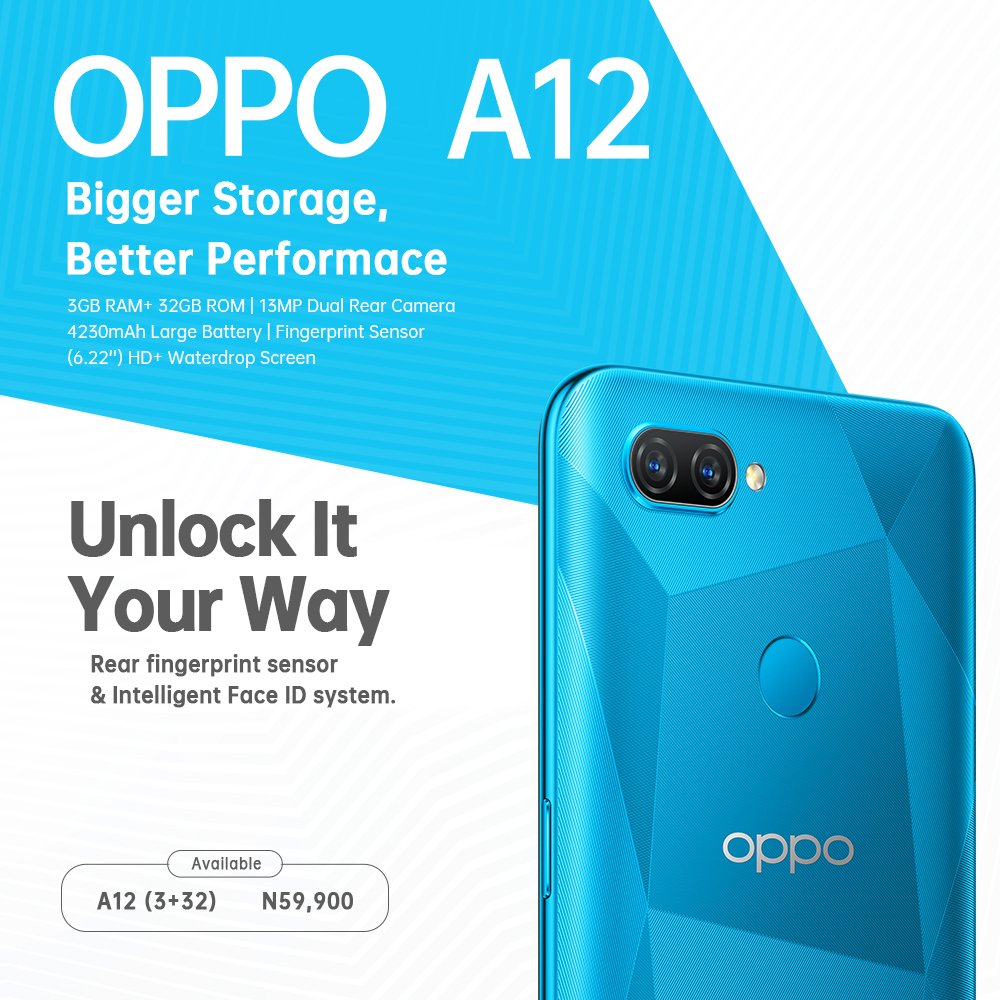 OPPONigeria's tweet photo. With just a touch or a quick glance, you can unlock your #OPPOA12 in nano-seconds. Thanks to the super responsive rear fingerprint sensor and the intelligent Face ID system. Buy A12 (3GB+32GB) @ N59,900. Visit https://t.co/kdA70r2EDM to order now #BiggerStorageBetterPerformance https://t.co/mvUAsPhgFI