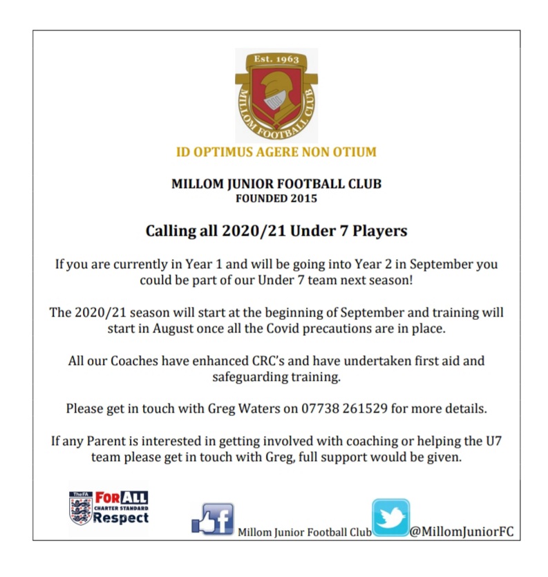 MillomJuniorFC's tweet photo. Any children who are interested in playing football for our Under 7s team next season please get in touch with Greg Waters on 07738 261529.

Please r/t 🔴⚫⚽️
@stumpybart23 #MillomJuniorFC #MillomAFC https://t.co/9Pb2OHAKWi