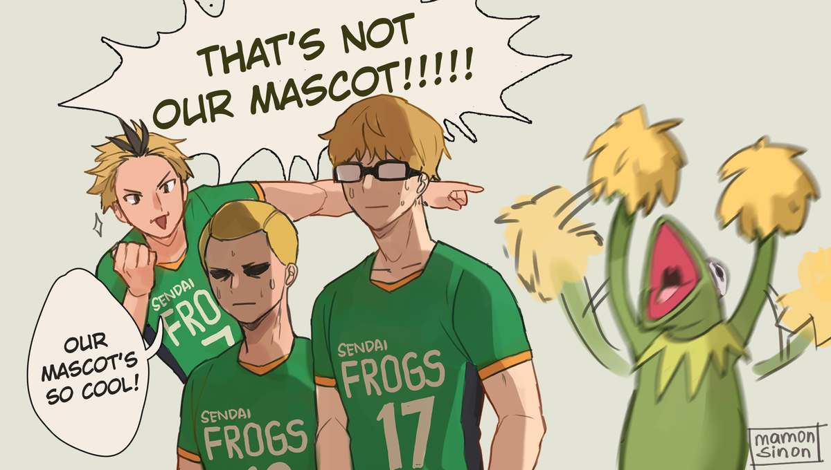 mamonsinon's tweet photo. 🐸Sendai Frogs' Tsukishima Kei and Kyotani Kentarou current concern: We don't know how to tell Koganegawa that he's not our mascot!!

#hq #Haikyuu https://t.co/t1z6Pv2dre