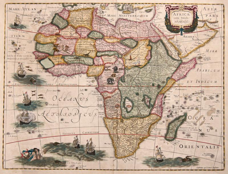 4. "Africae nova Tabula. Auct. Hen. Hondio." by Jodocus Hondius. (1631).The map is decorated with an elaborate title cartouche and various sailing ships and sea monsters