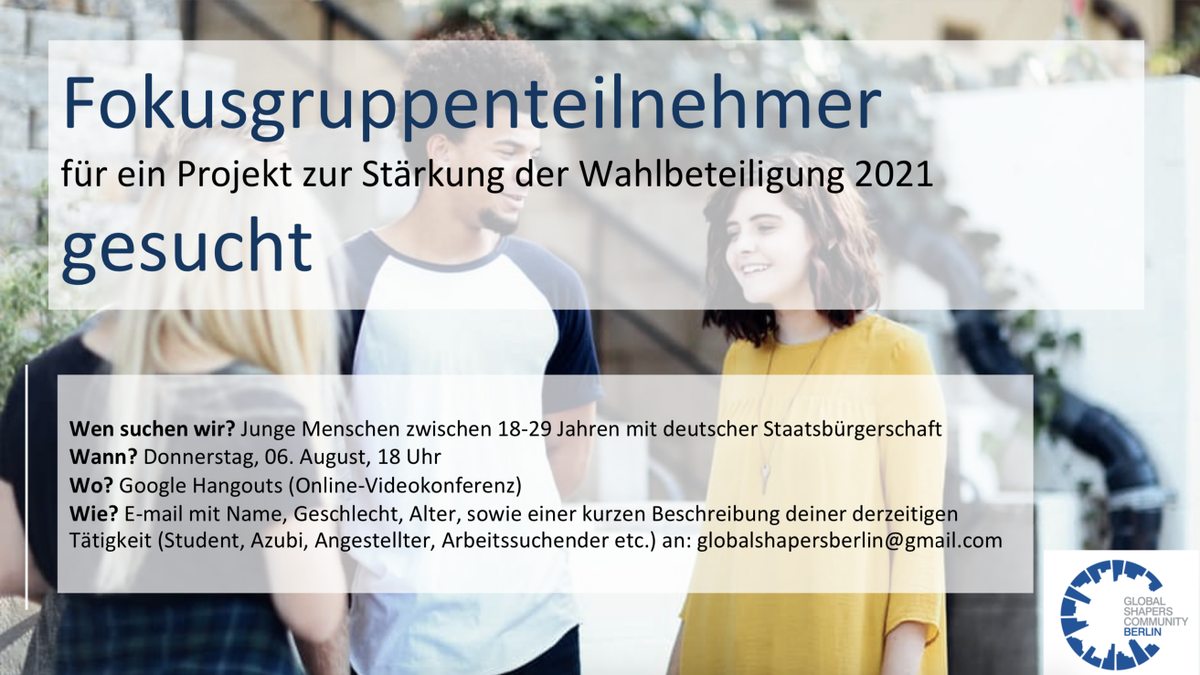 BerlinShapers's tweet photo. Wir suchen Fokusgruppenteilnehmer im Alter von 18-29 Jahren für ein Projekt zu den Wahlen 2021! Eure Antworten werden anonymisiert genutzt und die Daten aus den Fokusgruppen nicht veröffentlicht.

Meldet euch: Facebook, IG oder über globalshapersberlin@gmail.com

<3 https://t.co/w1gIaPUvvy