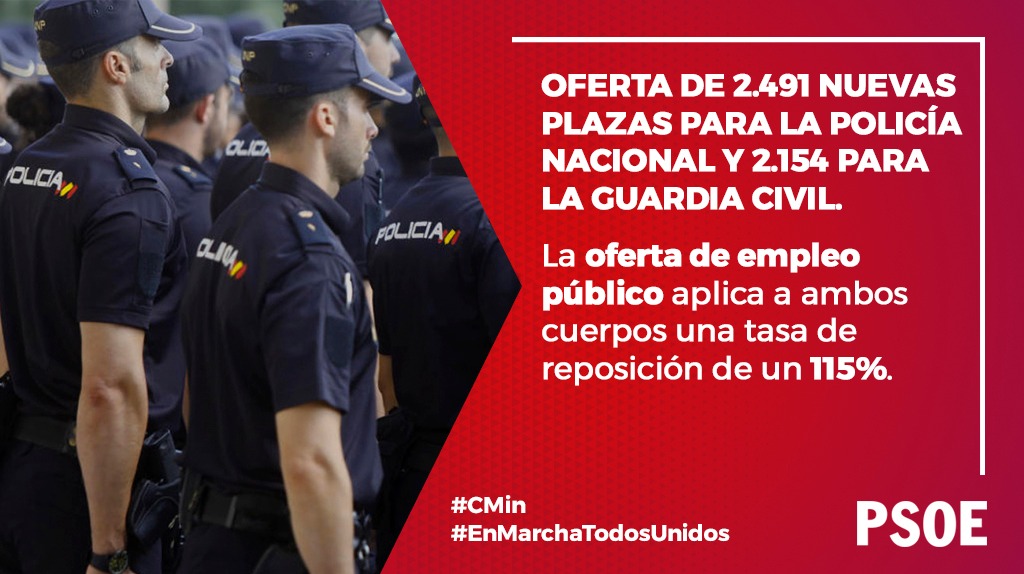 PSOE's tweet photo. El #CMin aprueba 2.491 plazas de empleo público para @policia  y 2.154 para @guardiacivil 👮♀️👮
 
Refuerzo de efectivos de las FCSE para dar respuesta a los retos que plantea la seguridad ciudadana.
 
#EnMarchaTodosUnidos https://t.co/yRXk4dBLVe