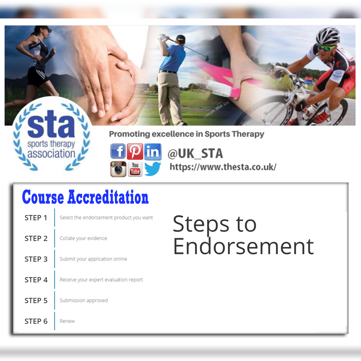 UK_STA's tweet photo. Sports Therapy Association Endorsement: Gain our kitemark for your organisation. Open to Higher Education &amp; Accredited vocational providers in Sports Therapy &amp; Sports Rehabilitation sector. Details: https://t.co/iXYgtarqIm
#thesta #raisingstandards #sportstherapy #sportsmassage https://t.co/RNiGVqxSEJ