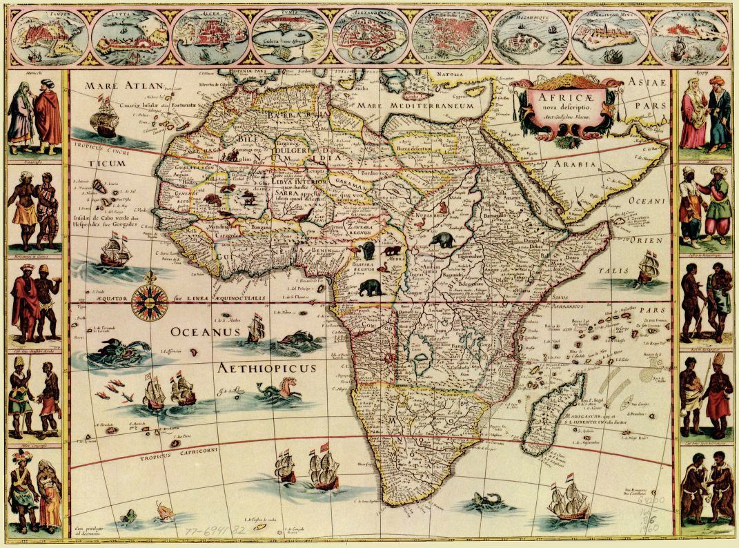 5. "Africae nova descriptio" by Willem Janszoon Blaeu (1633).Large territories or kingdoms were outlined in color (e.g. Abyssinia and Monomotapa).